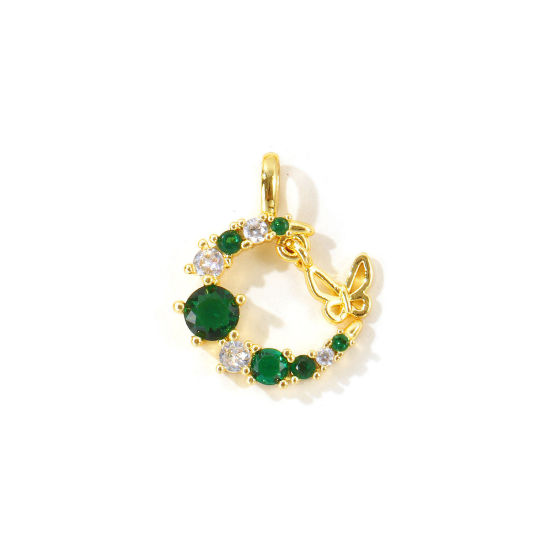 Picture of 2 PCs Brass Galaxy Charms Wholesale 18K Gold Plated Half Moon Butterfly Green Rhinestone Clear Cubic Zirconia 20mm x 15mm