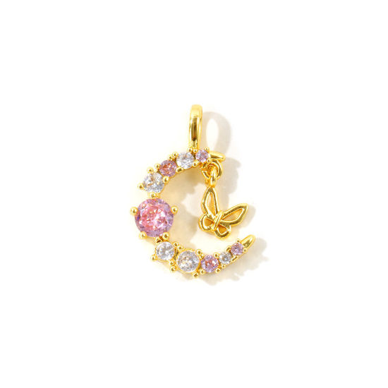 Picture of 2 PCs Brass Galaxy Charms Wholesale 18K Gold Plated Half Moon Butterfly Pink Rhinestone Clear Cubic Zirconia 20mm x 15mm
