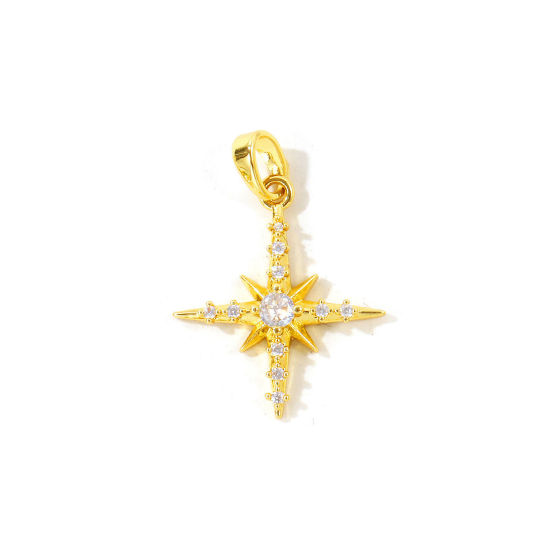 Picture of 2 PCs Brass Galaxy Charm Pendant Wholesale 18K Gold Plated Star Clear Cubic Zirconia 25mm x 18mm