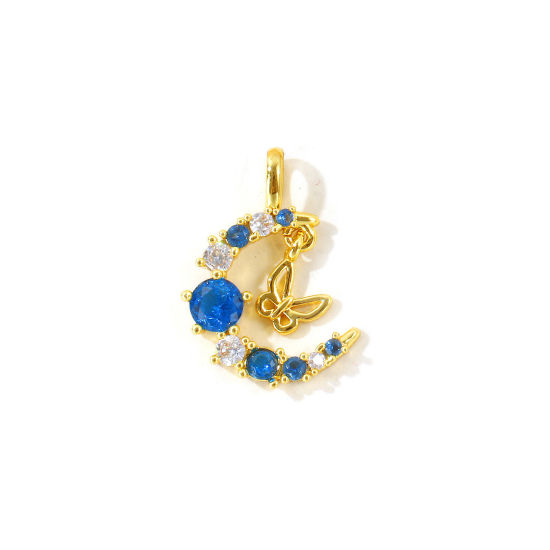 Picture of 2 PCs Brass Galaxy Charms Wholesale 18K Gold Plated Half Moon Butterfly Blue Rhinestone Clear Cubic Zirconia 20mm x 15mm