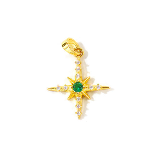 Picture of 2 PCs Brass Galaxy Charm Pendant Wholesale 18K Gold Plated Star Green Rhinestone Clear Cubic Zirconia 25mm x 18mm