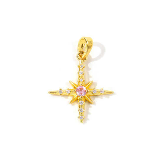 Picture of 2 PCs Brass Galaxy Charm Pendant Wholesale 18K Gold Plated Star Pink Rhinestone Clear Cubic Zirconia 25mm x 18mm