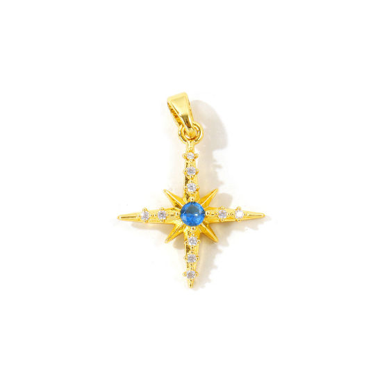 Picture of 2 PCs Brass Galaxy Charm Pendant Wholesale 18K Gold Plated Star Blue Rhinestone Clear Cubic Zirconia 25mm x 18mm