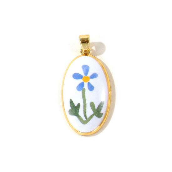 2 個 真鍮 チャーム 卸売り 18Kゴールドメッキ 青 + 緑 楕円形 花 印刷された 3.1cm x 1.5cm、 の画像