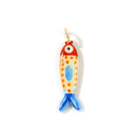 Picture of 1 Piece Eco-friendly 304 Stainless Steel Ocean Jewelry Pendants Wholesale 18K Gold Plated Multicolor Fish Animal Double Sided Printed 3.1cm x 0.8cm