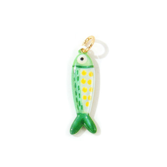 Picture of 1 Piece Eco-friendly 304 Stainless Steel Ocean Jewelry Pendants Wholesale 18K Gold Plated Green Fish Animal Double Sided Printed 3.1cm x 0.8cm