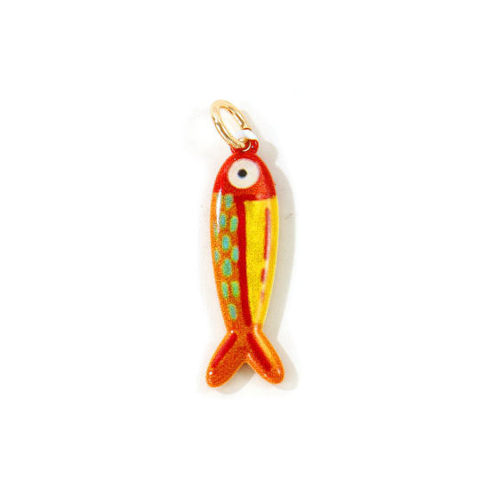 Picture of 1 Piece Eco-friendly 304 Stainless Steel Ocean Jewelry Pendants Wholesale 18K Gold Plated Red Fish Animal Double Sided Printed 3.1cm x 0.8cm