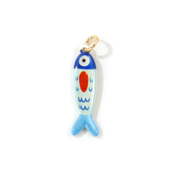 Picture of 1 Piece Eco-friendly 304 Stainless Steel Ocean Jewelry Pendants Wholesale 18K Gold Plated Light Blue Fish Animal Double Sided Printed 3.1cm x 0.8cm