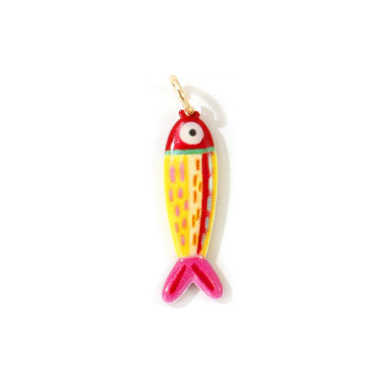 Picture of 1 Piece Eco-friendly 304 Stainless Steel Ocean Jewelry Pendants Wholesale 18K Gold Plated Yellow Fish Animal Double Sided Printed 3.1cm x 0.8cm