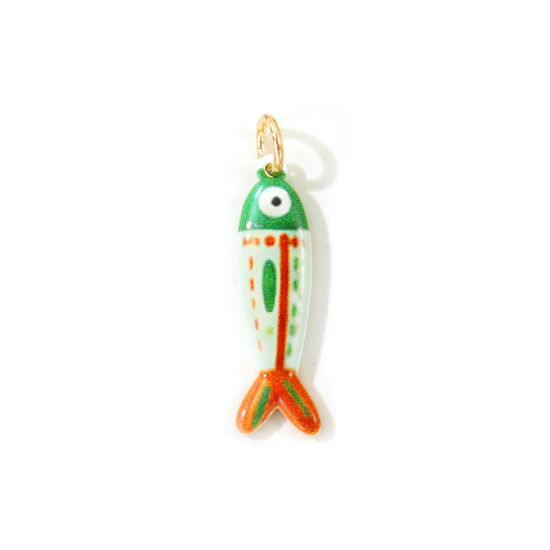 Picture of 1 Piece Eco-friendly 304 Stainless Steel Ocean Jewelry Pendants Wholesale 18K Gold Plated Green Fish Animal Double Sided Printed 3.1cm x 0.8cm