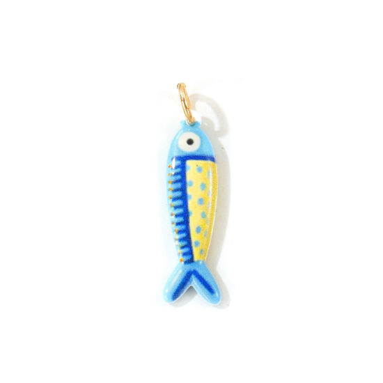 Picture of 1 Piece Eco-friendly 304 Stainless Steel Ocean Jewelry Pendants Wholesale 18K Gold Plated Blue Fish Animal Double Sided Printed 3.1cm x 0.8cm