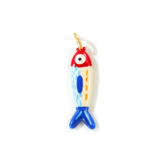 Picture of 1 Piece Eco-friendly 304 Stainless Steel Ocean Jewelry Pendants Wholesale 18K Gold Plated Dark Blue Fish Animal Double Sided Printed 3.1cm x 0.8cm