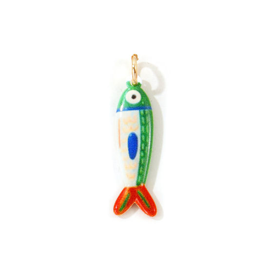 Picture of 1 Piece Eco-friendly 304 Stainless Steel Ocean Jewelry Pendants Wholesale 18K Gold Plated Green Fish Animal Double Sided Printed 3.1cm x 0.8cm