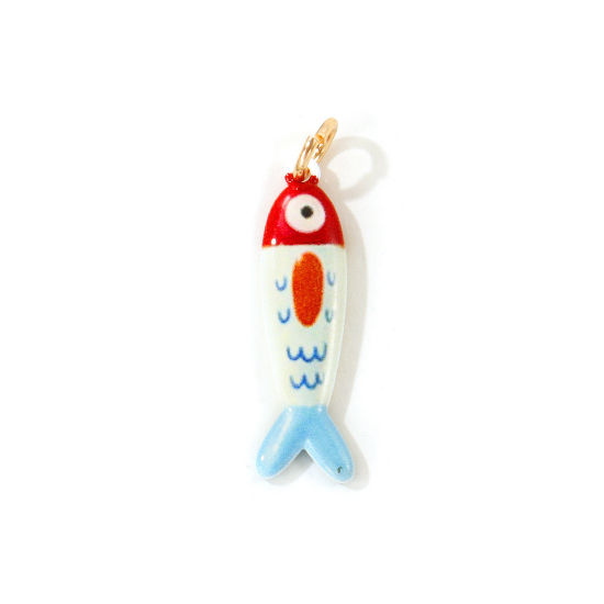 Picture of 1 Piece Eco-friendly 304 Stainless Steel Ocean Jewelry Pendants Wholesale 18K Gold Plated Red Fish Animal Double Sided Printed 3.1cm x 0.8cm