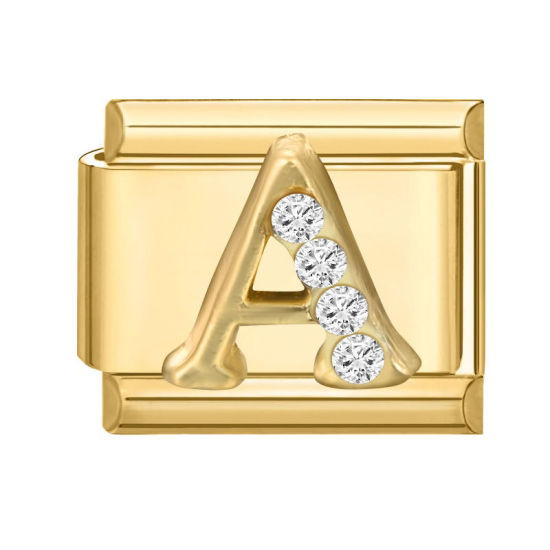 Image de 1 Pièce Maillons de Charme Italiens pour la Fabrication de Bijoux de Montres-Bracelets Modulables à Faire Soi-Même En Gros en 304 Acier Inoxydable Doré Rectangle Alphabet Initial/ Lettre Majuscule Mots " A " à Strass Transparent 10mm x 9mm