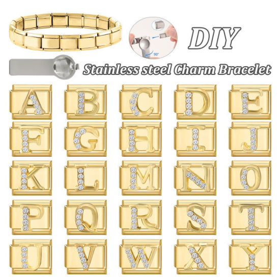 Image de 1 Pièce Maillons de Charme Italiens pour la Fabrication de Bijoux de Montres-Bracelets Modulables à Faire Soi-Même En Gros en 304 Acier Inoxydable Doré Rectangle Alphabet Initial/ Lettre Majuscule Mots " A " à Strass Transparent 10mm x 9mm