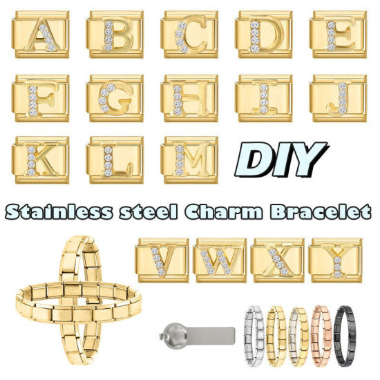 Image de 1 Pièce Maillons de Charme Italiens pour la Fabrication de Bijoux de Montres-Bracelets Modulables à Faire Soi-Même En Gros en 304 Acier Inoxydable Doré Rectangle Alphabet Initial/ Lettre Majuscule Mots " A " à Strass Transparent 10mm x 9mm
