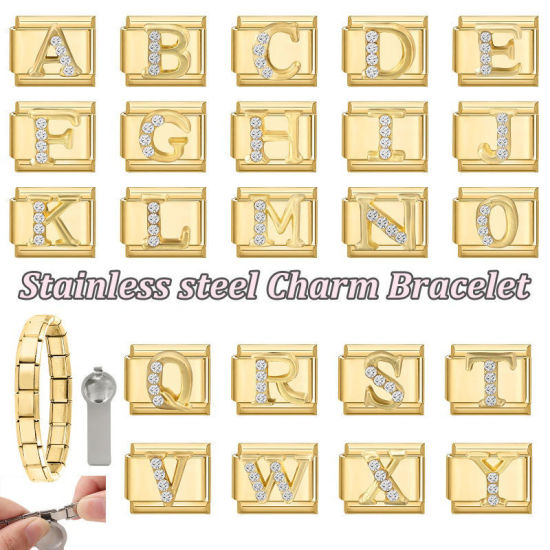 Image de 1 Pièce Maillons de Charme Italiens pour la Fabrication de Bijoux de Montres-Bracelets Modulables à Faire Soi-Même En Gros en 304 Acier Inoxydable Doré Rectangle Alphabet Initial/ Lettre Majuscule Mots " A " à Strass Transparent 10mm x 9mm