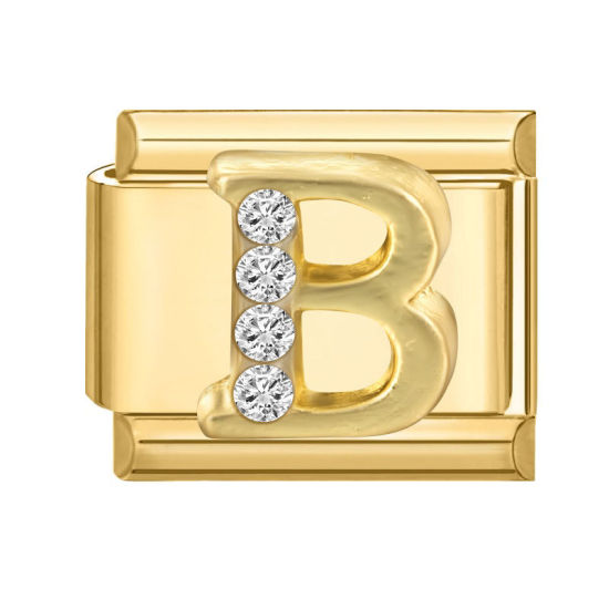 Image de 1 Pièce Maillons de Charme Italiens pour la Fabrication de Bijoux de Montres-Bracelets Modulables à Faire Soi-Même En Gros en 304 Acier Inoxydable Doré Rectangle Alphabet Initial/ Lettre Majuscule Mots " B " à Strass Transparent 10mm x 9mm