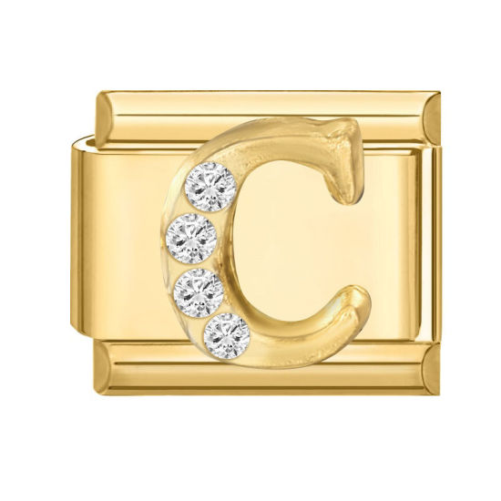 Image de 1 Pièce Maillons de Charme Italiens pour la Fabrication de Bijoux de Montres-Bracelets Modulables à Faire Soi-Même En Gros en 304 Acier Inoxydable Doré Rectangle Alphabet Initial/ Lettre Majuscule Mots " C " à Strass Transparent 10mm x 9mm