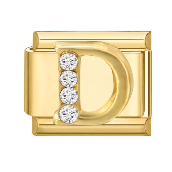Image de 1 Pièce Maillons de Charme Italiens pour la Fabrication de Bijoux de Montres-Bracelets Modulables à Faire Soi-Même En Gros en 304 Acier Inoxydable Doré Rectangle Alphabet Initial/ Lettre Majuscule Mots " D " à Strass Transparent 10mm x 9mm