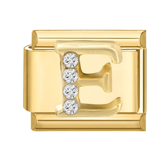 Image de 1 Pièce Maillons de Charme Italiens pour la Fabrication de Bijoux de Montres-Bracelets Modulables à Faire Soi-Même En Gros en 304 Acier Inoxydable Doré Rectangle Alphabet Initial/ Lettre Majuscule Mots " E " à Strass Transparent 10mm x 9mm