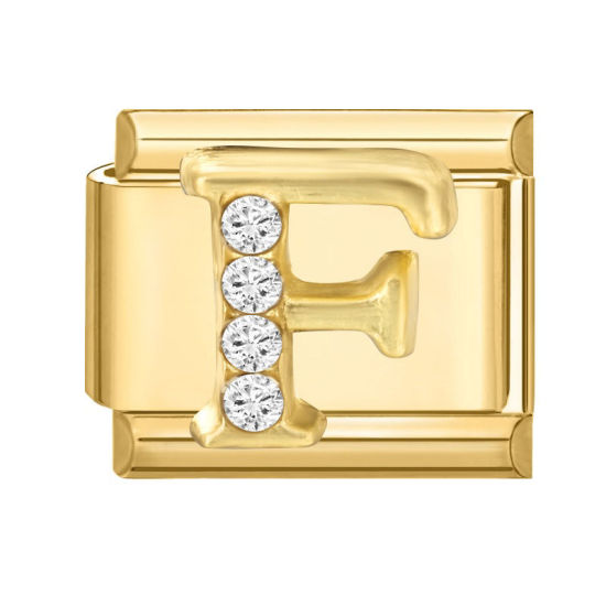 Image de 1 Pièce Maillons de Charme Italiens pour la Fabrication de Bijoux de Montres-Bracelets Modulables à Faire Soi-Même En Gros en 304 Acier Inoxydable Doré Rectangle Alphabet Initial/ Lettre Majuscule Mots " F " à Strass Transparent 10mm x 9mm