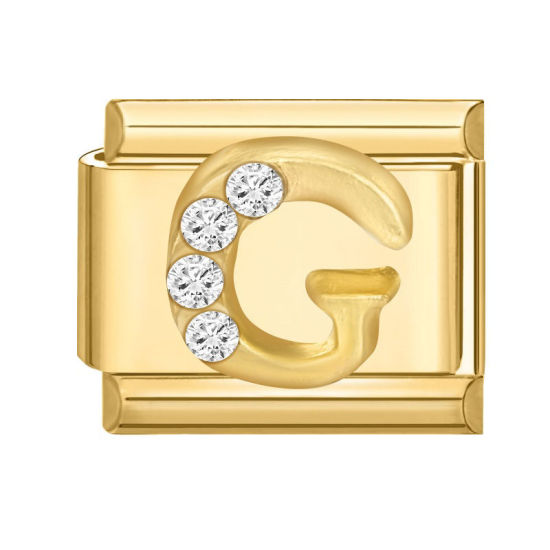 Image de 1 Pièce Maillons de Charme Italiens pour la Fabrication de Bijoux de Montres-Bracelets Modulables à Faire Soi-Même En Gros en 304 Acier Inoxydable Doré Rectangle Alphabet Initial/ Lettre Majuscule Mots " G " à Strass Transparent 10mm x 9mm