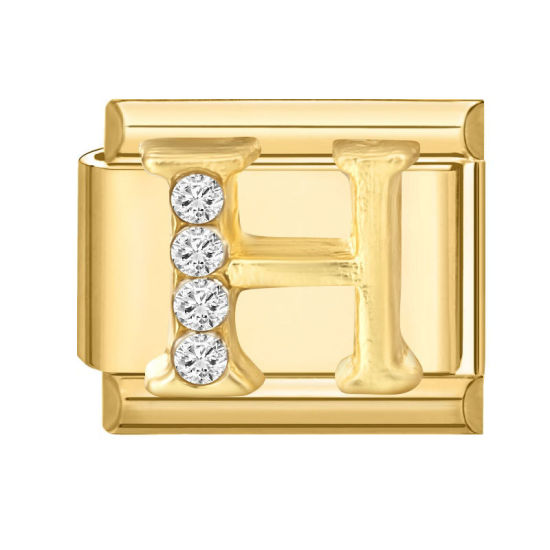 Image de 1 Pièce Maillons de Charme Italiens pour la Fabrication de Bijoux de Montres-Bracelets Modulables à Faire Soi-Même En Gros en 304 Acier Inoxydable Doré Rectangle Alphabet Initial/ Lettre Majuscule Mots " H " à Strass Transparent 10mm x 9mm