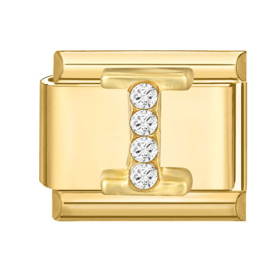 Image de 1 Pièce Maillons de Charme Italiens pour la Fabrication de Bijoux de Montres-Bracelets Modulables à Faire Soi-Même En Gros en 304 Acier Inoxydable Doré Rectangle Alphabet Initial/ Lettre Majuscule Mots " I " à Strass Transparent 10mm x 9mm