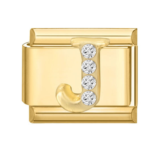 Image de 1 Pièce Maillons de Charme Italiens pour la Fabrication de Bijoux de Montres-Bracelets Modulables à Faire Soi-Même En Gros en 304 Acier Inoxydable Doré Rectangle Alphabet Initial/ Lettre Majuscule Mots " J " à Strass Transparent 10mm x 9mm