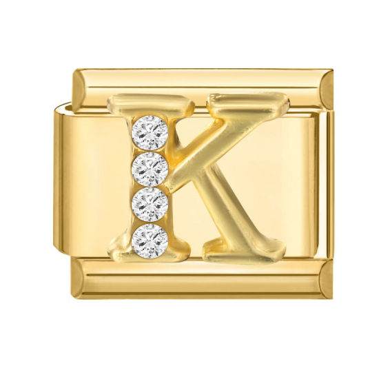Image de 1 Pièce Maillons de Charme Italiens pour la Fabrication de Bijoux de Montres-Bracelets Modulables à Faire Soi-Même En Gros en 304 Acier Inoxydable Doré Rectangle Alphabet Initial/ Lettre Majuscule Mots " K " à Strass Transparent 10mm x 9mm