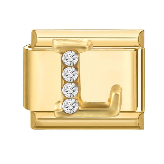Image de 1 Pièce Maillons de Charme Italiens pour la Fabrication de Bijoux de Montres-Bracelets Modulables à Faire Soi-Même En Gros en 304 Acier Inoxydable Doré Rectangle Alphabet Initial/ Lettre Majuscule Mots " L " à Strass Transparent 10mm x 9mm