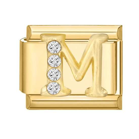 Image de 1 Pièce Maillons de Charme Italiens pour la Fabrication de Bijoux de Montres-Bracelets Modulables à Faire Soi-Même En Gros en 304 Acier Inoxydable Doré Rectangle Alphabet Initial/ Lettre Majuscule Mots " M " à Strass Transparent 10mm x 9mm