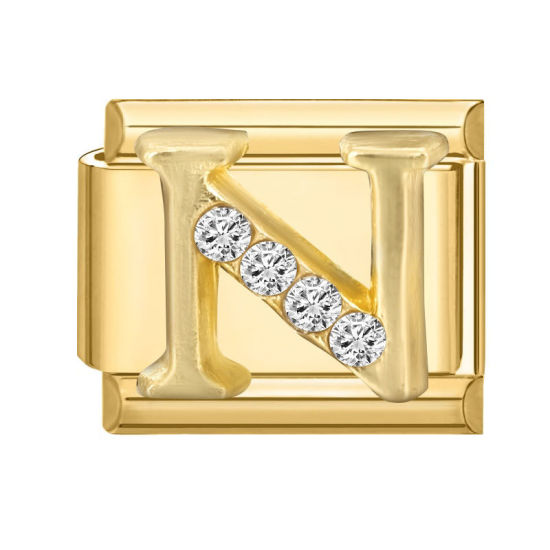 Image de 1 Pièce Maillons de Charme Italiens pour la Fabrication de Bijoux de Montres-Bracelets Modulables à Faire Soi-Même En Gros en 304 Acier Inoxydable Doré Rectangle Alphabet Initial/ Lettre Majuscule Mots " N " à Strass Transparent 10mm x 9mm