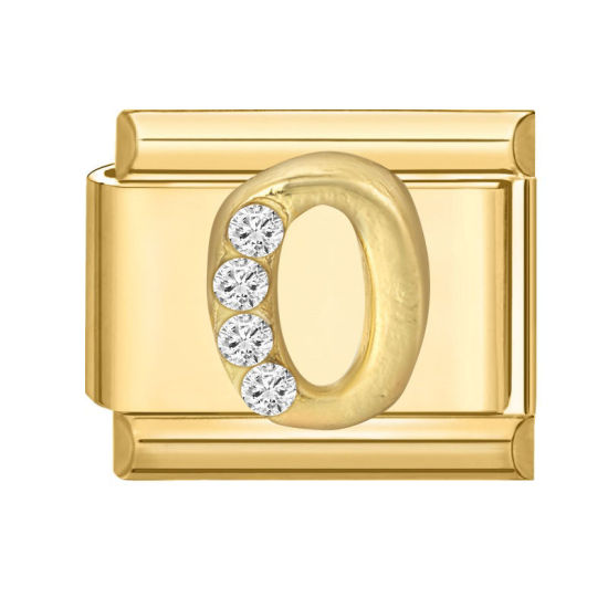 Image de 1 Pièce Maillons de Charme Italiens pour la Fabrication de Bijoux de Montres-Bracelets Modulables à Faire Soi-Même En Gros en 304 Acier Inoxydable Doré Rectangle Alphabet Initial/ Lettre Majuscule Mots " O " à Strass Transparent 10mm x 9mm