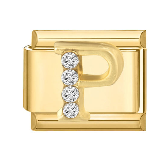 Image de 1 Pièce Maillons de Charme Italiens pour la Fabrication de Bijoux de Montres-Bracelets Modulables à Faire Soi-Même En Gros en 304 Acier Inoxydable Doré Rectangle Alphabet Initial/ Lettre Majuscule Mots " P " à Strass Transparent 10mm x 9mm