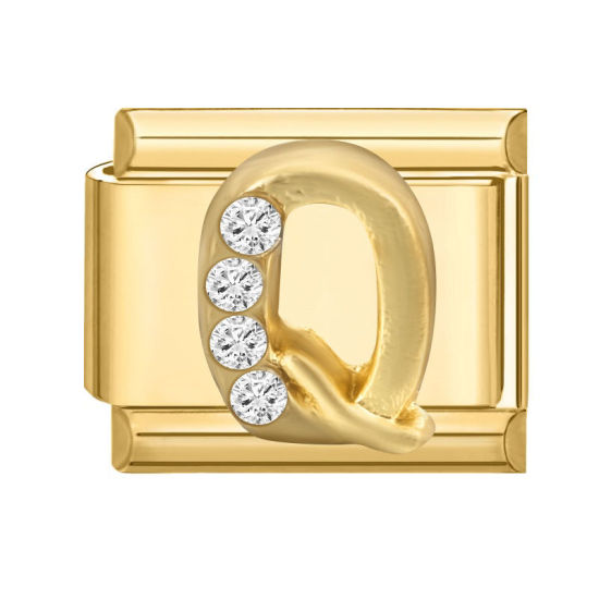 Image de 1 Pièce Maillons de Charme Italiens pour la Fabrication de Bijoux de Montres-Bracelets Modulables à Faire Soi-Même En Gros en 304 Acier Inoxydable Doré Rectangle Alphabet Initial/ Lettre Majuscule Mots " Q " à Strass Transparent 10mm x 9mm