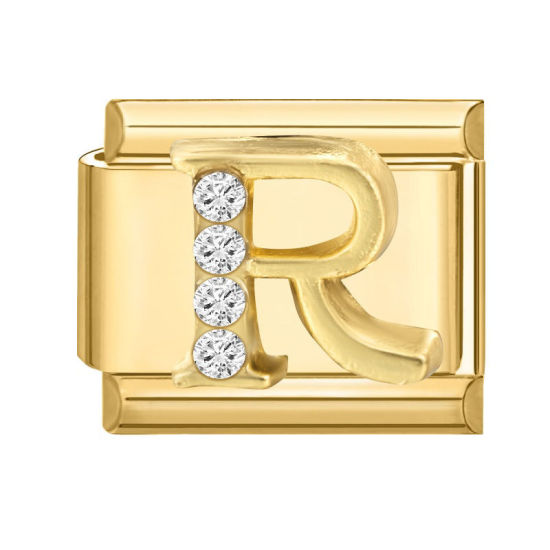 Image de 1 Pièce Maillons de Charme Italiens pour la Fabrication de Bijoux de Montres-Bracelets Modulables à Faire Soi-Même En Gros en 304 Acier Inoxydable Doré Rectangle Alphabet Initial/ Lettre Majuscule Mots " R " à Strass Transparent 10mm x 9mm