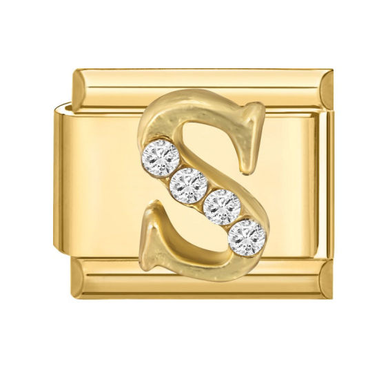 Image de 1 Pièce Maillons de Charme Italiens pour la Fabrication de Bijoux de Montres-Bracelets Modulables à Faire Soi-Même En Gros en 304 Acier Inoxydable Doré Rectangle Alphabet Initial/ Lettre Majuscule Mots " S " à Strass Transparent 10mm x 9mm