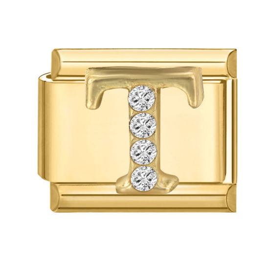 Image de 1 Pièce Maillons de Charme Italiens pour la Fabrication de Bijoux de Montres-Bracelets Modulables à Faire Soi-Même En Gros en 304 Acier Inoxydable Doré Rectangle Alphabet Initial/ Lettre Majuscule Mots " T " à Strass Transparent 10mm x 9mm