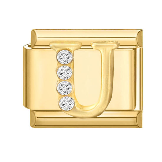 Image de 1 Pièce Maillons de Charme Italiens pour la Fabrication de Bijoux de Montres-Bracelets Modulables à Faire Soi-Même En Gros en 304 Acier Inoxydable Doré Rectangle Alphabet Initial/ Lettre Majuscule Mots " U " à Strass Transparent 10mm x 9mm