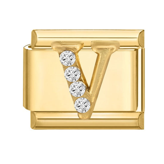 Image de 1 Pièce Maillons de Charme Italiens pour la Fabrication de Bijoux de Montres-Bracelets Modulables à Faire Soi-Même En Gros en 304 Acier Inoxydable Doré Rectangle Alphabet Initial/ Lettre Majuscule Mots " V " à Strass Transparent 10mm x 9mm