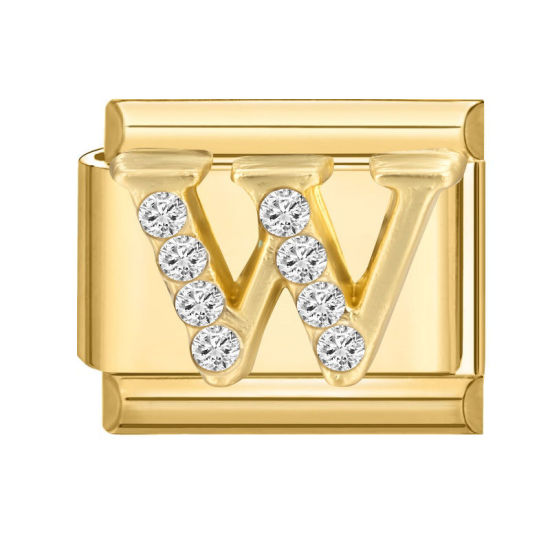 Image de 1 Pièce Maillons de Charme Italiens pour la Fabrication de Bijoux de Montres-Bracelets Modulables à Faire Soi-Même En Gros en 304 Acier Inoxydable Doré Rectangle Alphabet Initial/ Lettre Majuscule Mots " W " à Strass Transparent 10mm x 9mm