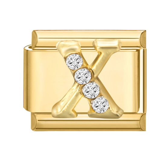Image de 1 Pièce Maillons de Charme Italiens pour la Fabrication de Bijoux de Montres-Bracelets Modulables à Faire Soi-Même En Gros en 304 Acier Inoxydable Doré Rectangle Alphabet Initial/ Lettre Majuscule Mots " X " à Strass Transparent 10mm x 9mm