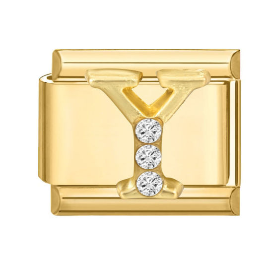 Image de 1 Pièce Maillons de Charme Italiens pour la Fabrication de Bijoux de Montres-Bracelets Modulables à Faire Soi-Même En Gros en 304 Acier Inoxydable Doré Rectangle Alphabet Initial/ Lettre Majuscule Mots " Y " à Strass Transparent 10mm x 9mm