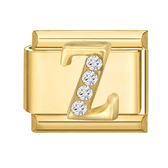 Image de 1 Pièce Maillons de Charme Italiens pour la Fabrication de Bijoux de Montres-Bracelets Modulables à Faire Soi-Même En Gros en 304 Acier Inoxydable Doré Rectangle Alphabet Initial/ Lettre Majuscule Mots " Z " à Strass Transparent 10mm x 9mm