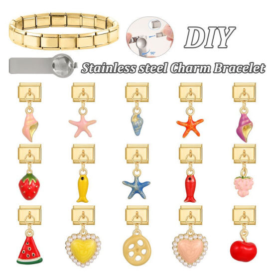 Image de 1 Pièce Maillons de Charme Italiens pour la Fabrication de Bijoux de Montres-Bracelets Modulables à Faire Soi-Même En Gros en 304 Acier Inoxydable Doré en Rose Émail Escargot de Mer Alliage de Zinc Pendentif 10mm x 9mm