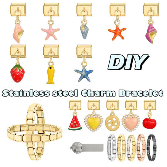 Image de 1 Pièce Maillons de Charme Italiens pour la Fabrication de Bijoux de Montres-Bracelets Modulables à Faire Soi-Même En Gros en 304 Acier Inoxydable Doré en Rose Émail Escargot de Mer Alliage de Zinc Pendentif 10mm x 9mm