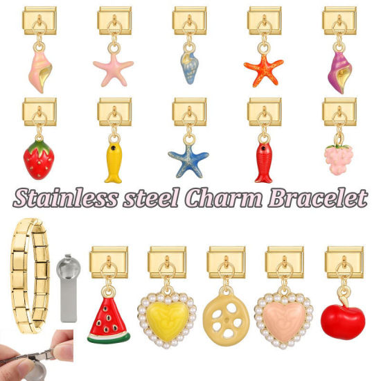 Image de 1 Pièce Maillons de Charme Italiens pour la Fabrication de Bijoux de Montres-Bracelets Modulables à Faire Soi-Même En Gros en 304 Acier Inoxydable Doré en Rose Émail Escargot de Mer Alliage de Zinc Pendentif 10mm x 9mm